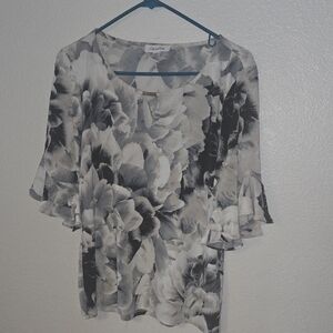 Calvin Klein Gray and Black Asymmetrical Flutter Sleeve Blouse